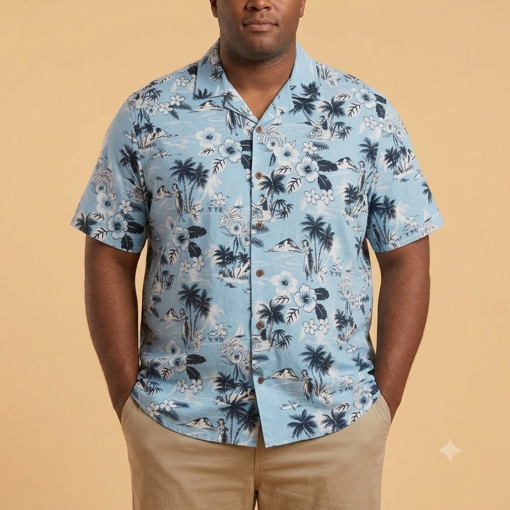 C&C California Hawaiian Shirt Mens XL Blue Tropical Hibiscus Palm Tree Floral‎
